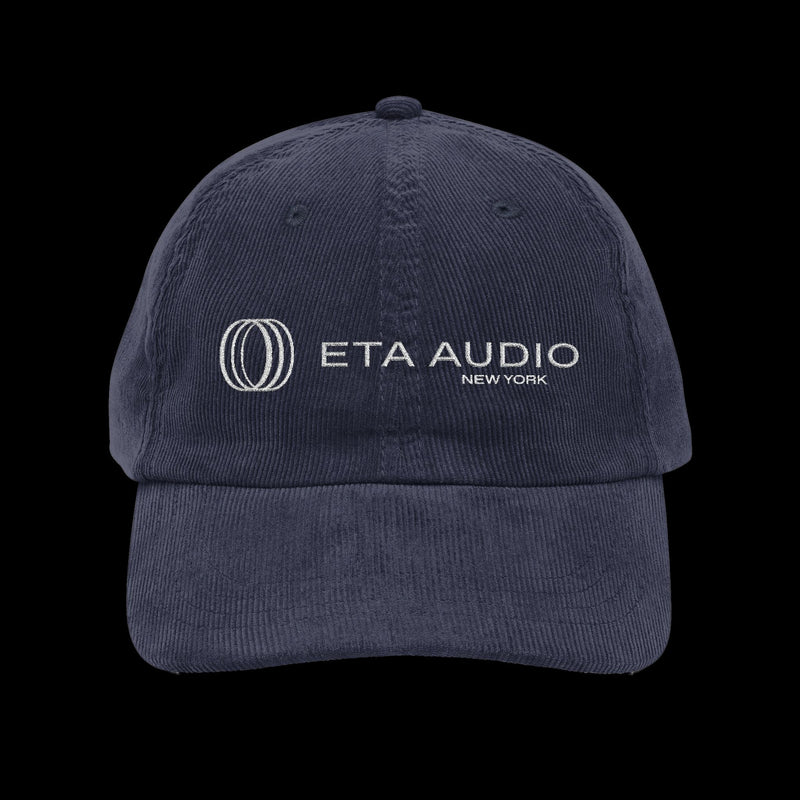 ETA Audio Corduroy Hat in Navy Blue, front view on black background