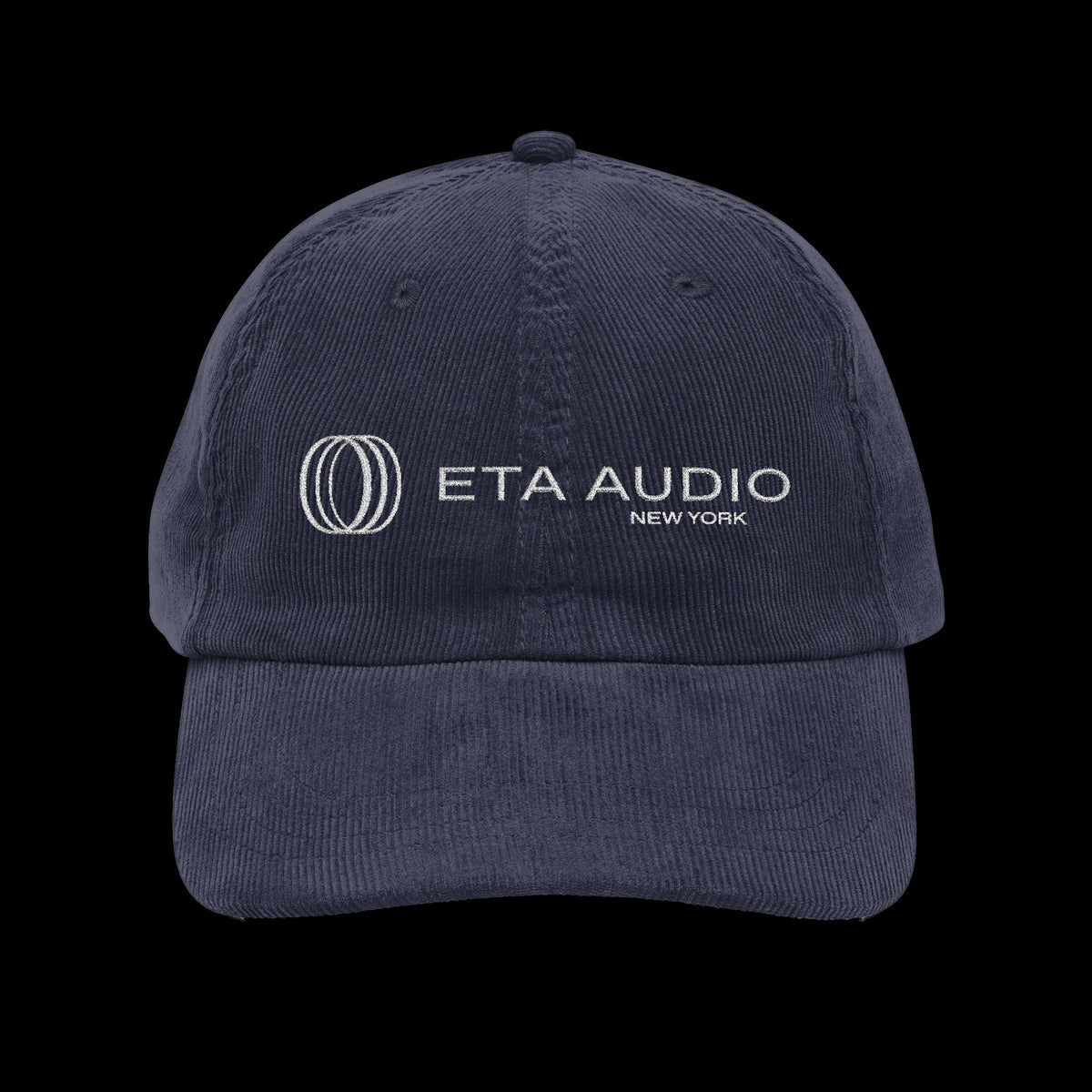 ETA Audio Corduroy Hat in Navy Blue, front view on black background