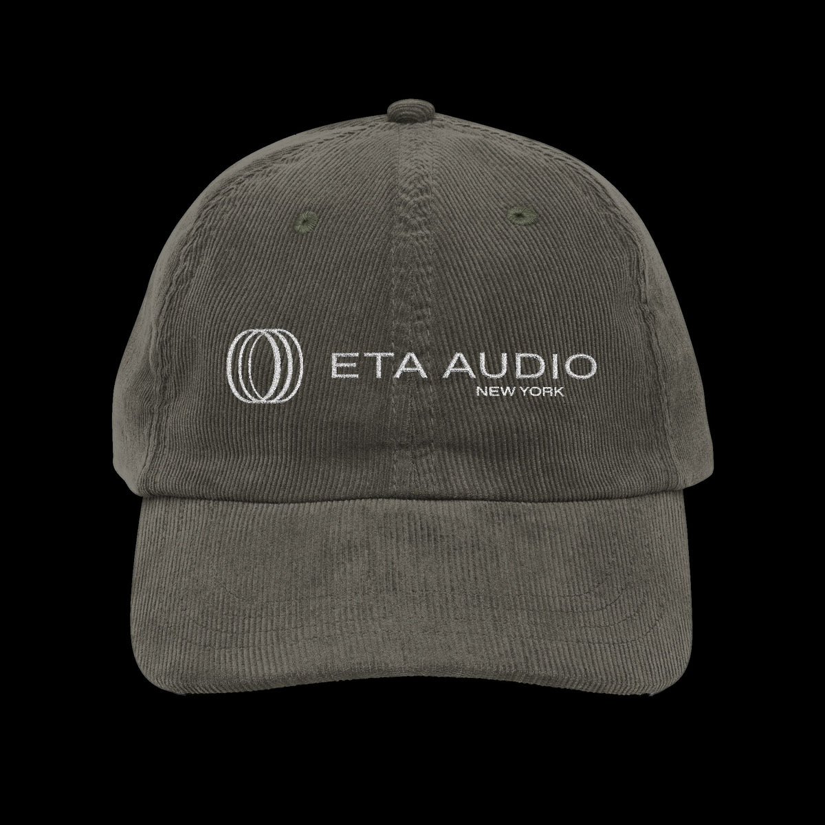 ETA Audio Corduroy Hat in Olive, front view on black background