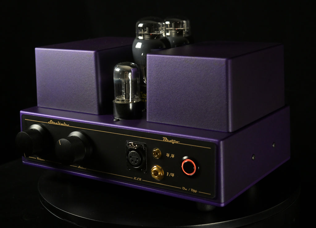 Straitwire Bravo 6V6 amplifier front view with volume, source selector, XLR, 4.4mm, and 1/4 inch headphone outputs