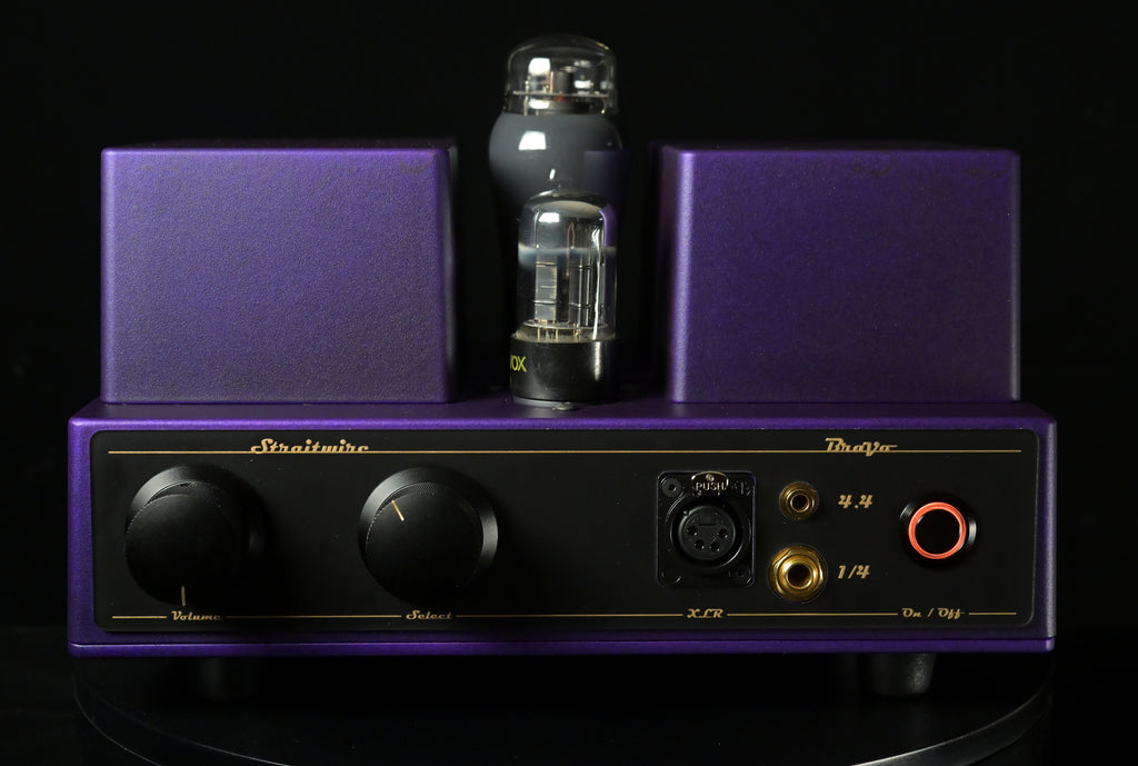 Straitwire Bravo 6V6 tube headphone amplifier in purple chassis with single tube and matching ETA headphone
