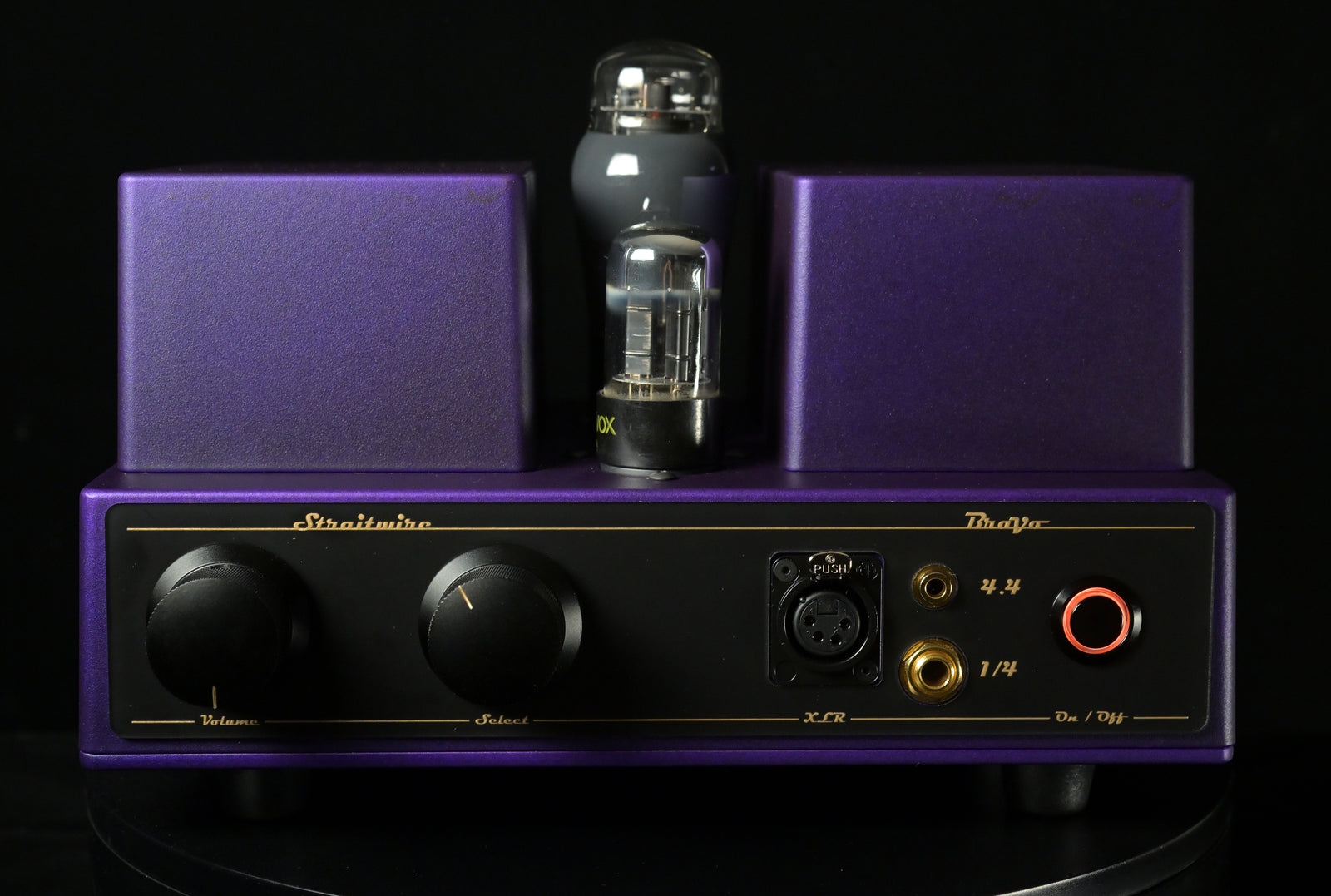 Straitwire Bravo 6V6 tube headphone amplifier in purple chassis with single tube and matching ETA headphone