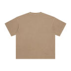 ETA Audio washed cotton t-shirt in tan, back view on black background
