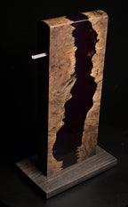 Midwinter Design Works headphone stand in burl wood with deep purple resin river inlay