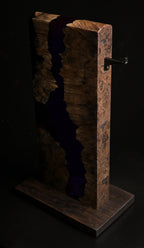 Midwinter Design Works burl wood headphone stand with metal hanger arm and resin inlay