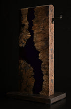 Midwinter Design Works burl wood headphone stand with purple resin river, side profile