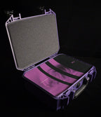 Open ETA ULI purple hard case with foam padding and Ultra Low Impedance manual inside