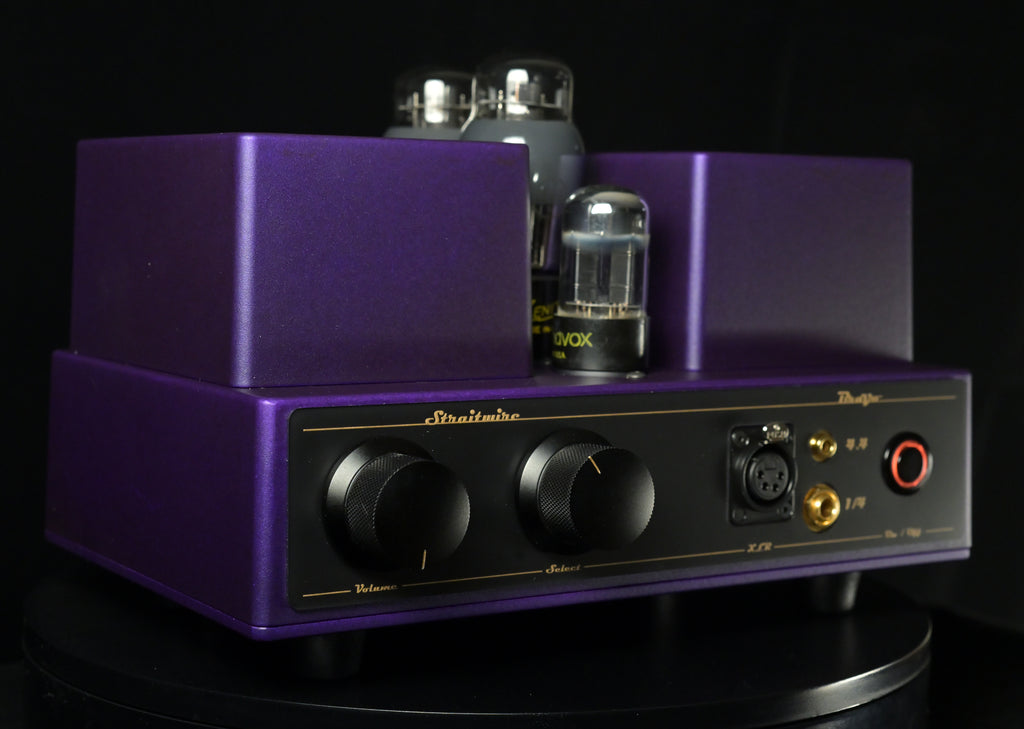 Straitwire Bravo 6V6 tube headphone amplifier three-quarter view showing transformer covers and tubes