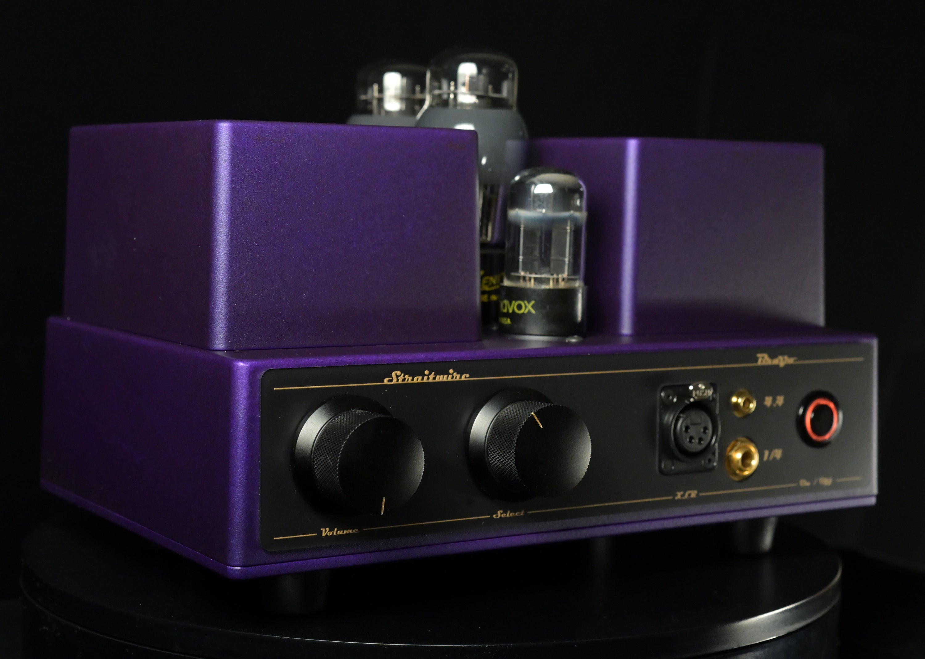 Straitwire Bravo 6V6 tube headphone amplifier three-quarter view showing transformer covers and tubes
