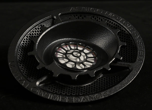 2025 — ETA ULI (Preorder) — AlNiCo Headphone — ETA ULI 8th-generation driver chassis engraved 'AlNiCo Motor System' and 'Ultra Low Impedance', showing the floral spoke baffle and magnet