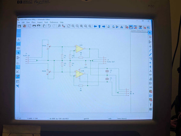 Now — Associate Amplifier PCB — KiCad schematic editor displaying mini HPA headphone amplifier circuit