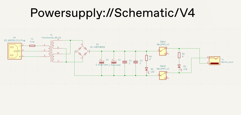 Associate Amplifier power supply v4 schematic with IEC inlet, transformer, bridge rectifier, and DPDT switching