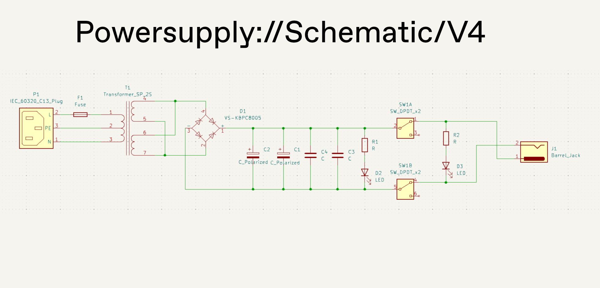 Associate Amplifier power supply v4 schematic with IEC inlet, transformer, bridge rectifier, and DPDT switching