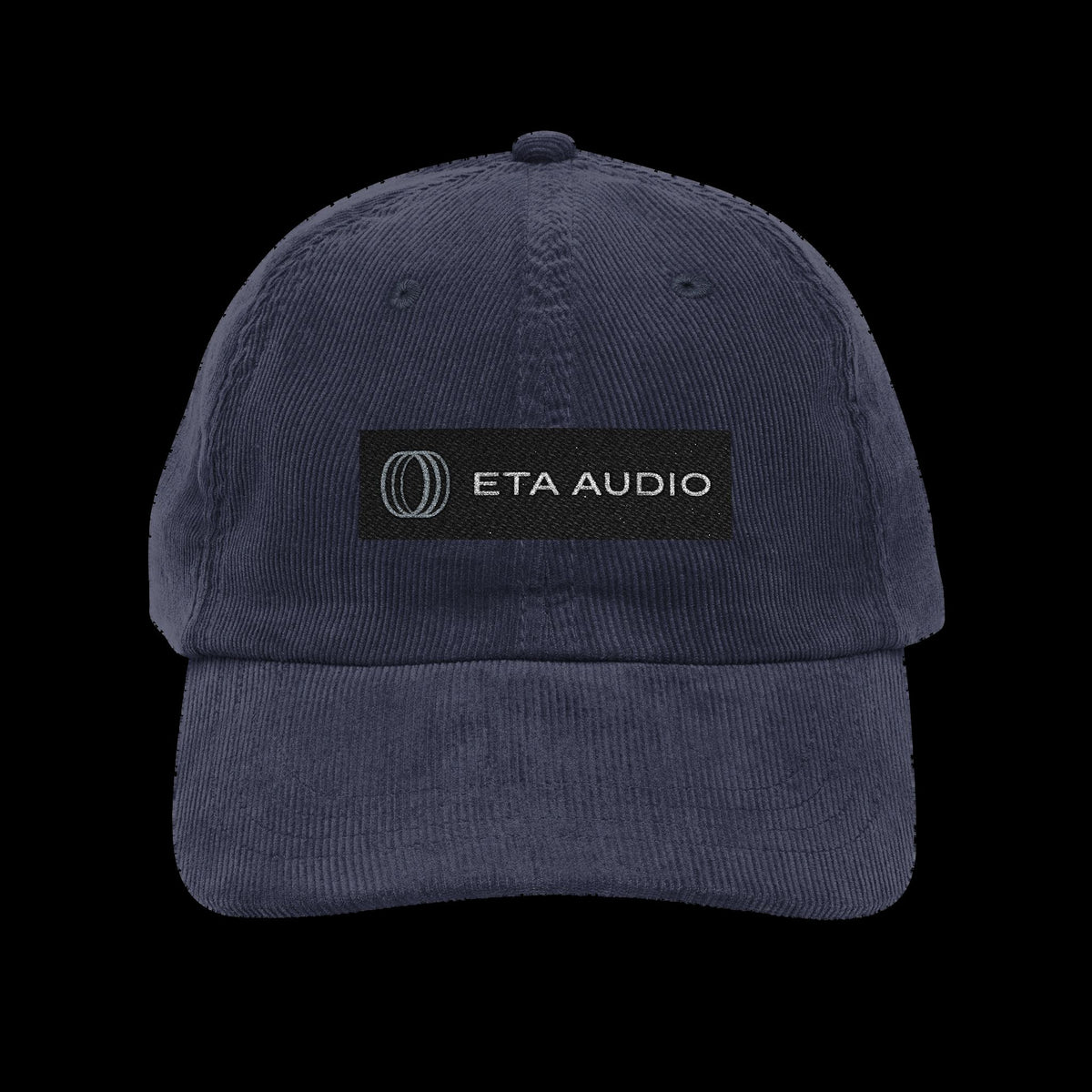 ETA Audio Corduroy Hat in Navy Blue on black background