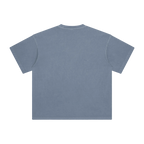 ETA Audio washed cotton t-shirt in washed blue, back view on black background