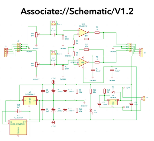 Associate Amplifier v1.2 schematic diagram with dual OPA2132 op-amps and TLE2426 voltage regulators