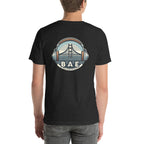 BAE Bay Audio Enclave black heather t-shirt, back view with large bridge and headphones graphic