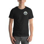 BAE Bay Audio Enclave black heather t-shirt, front view on model with small chest logo