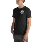 BAE Bay Audio Enclave black heather t-shirt, left front three-quarter view on model