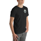 BAE Bay Audio Enclave black heather t-shirt, right front three-quarter view on model